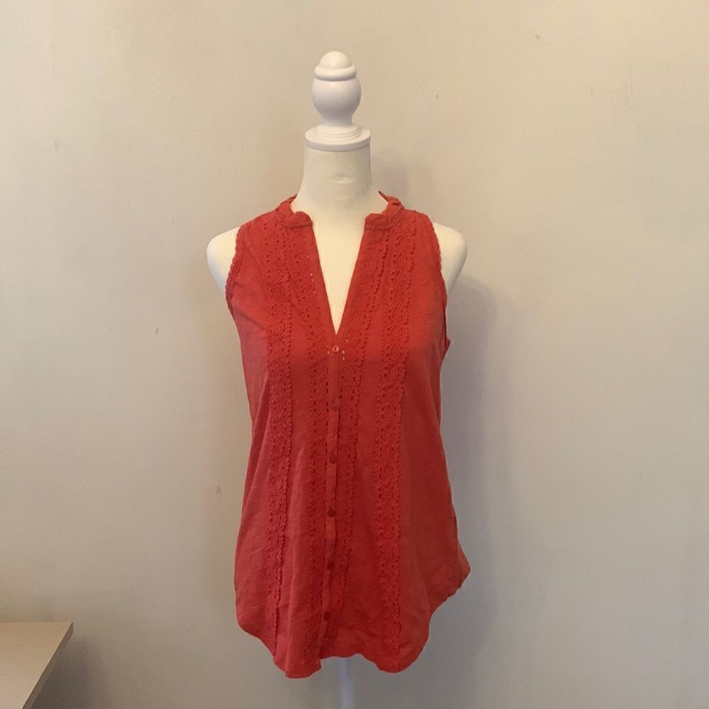 Anthropologie orangish red mixed media sleeveless blouse Size XS NWT